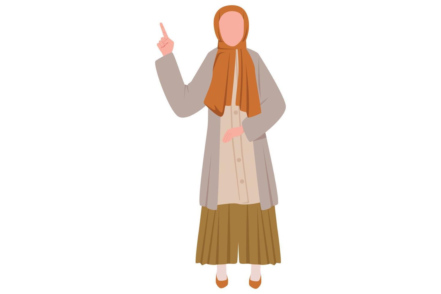 desenho de negócios desenho empresária árabe feliz apontando o dedo indicador para cima gesto. gerente feminina levantando ou levantando a mão para cima. emoção e linguagem corporal. ilustração em vetor estilo cartoon plana