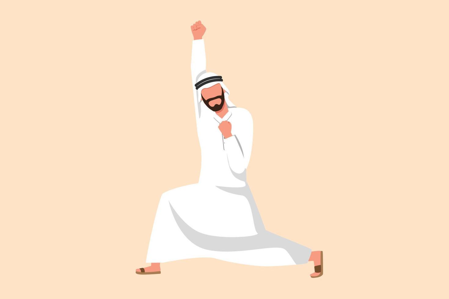 estilo de desenho animado plano de negócios desenho empresário árabe feliz em pé com levantar uma mão e a outra mão pose sim. trabalhador comemora o sucesso do projeto da empresa. ilustração em vetor design gráfico