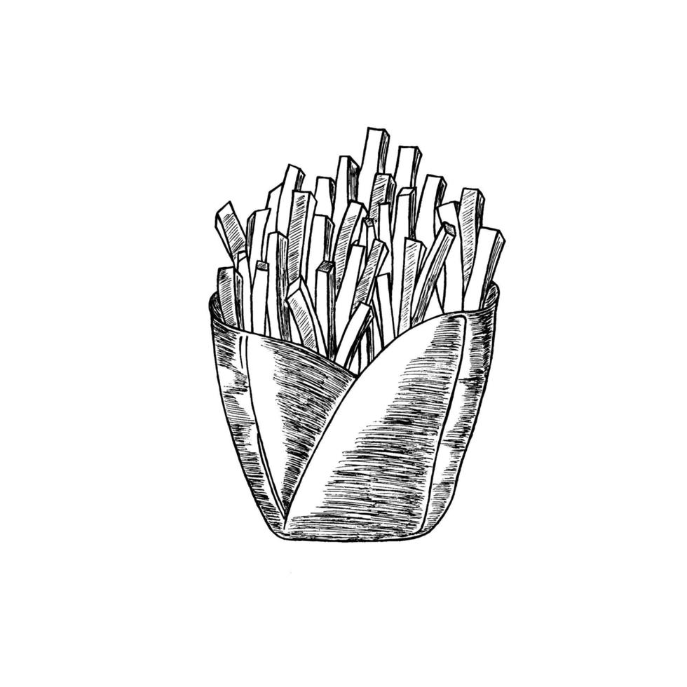 esboço desenhado de mão de batatas fritas. estilo vintage de cor preta. ilustração vetorial. vetor