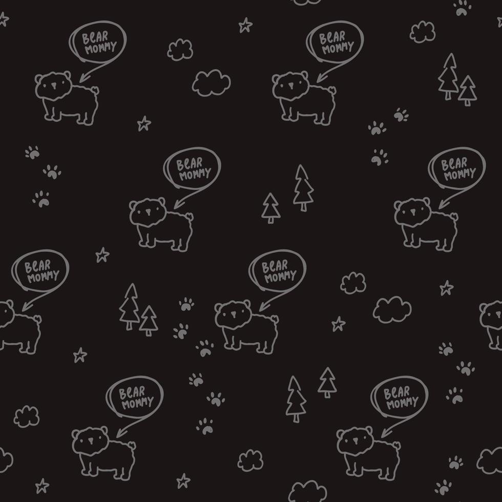 bonito padrão preto com urso, árvores, estrelas, texto. fundo sem emenda de mamãe. têxteis para bebê, scrapbook de papel digital. vetor