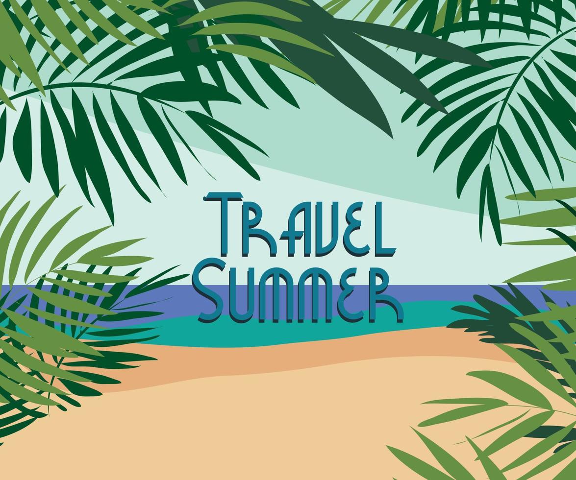 vector Olá férias de verão ilustração tipográfica em fundo de madeira vintage. plantas tropicais, flor, bola de praia, balão de ar e guarda-sol com céu azul. modelo de design para banner, panfleto