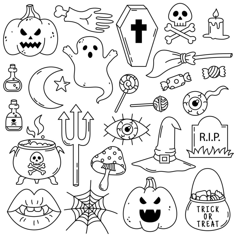 Conjunto doodle desenho mão desenhada halloween preto e branco