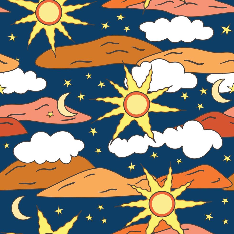 vintage retrô sem costura padrão com sol, deserto, nuvens e estrelas. padrão sem emenda de estilo decorativo arizona vibe vetor