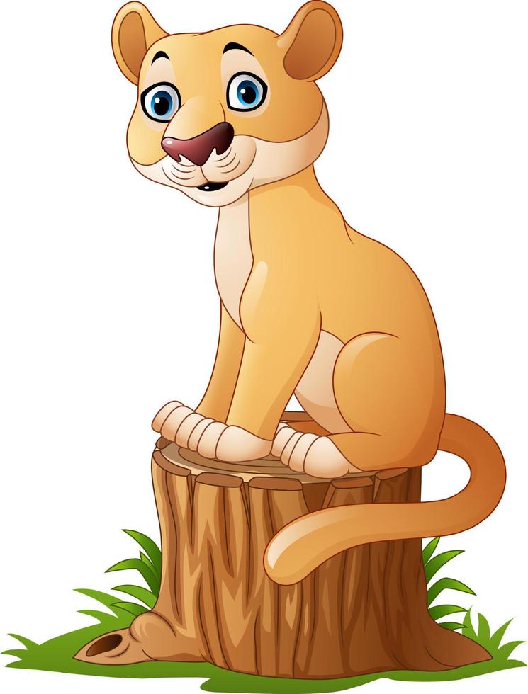 felino de desenho animado sentado no toco de árvore vetor