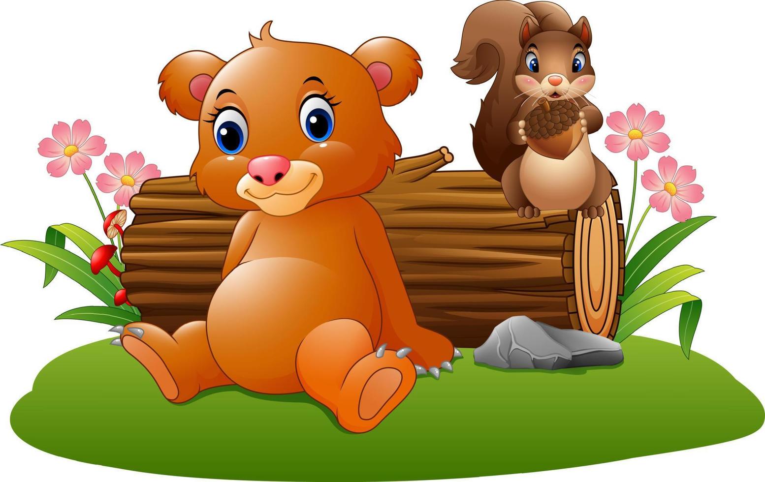urso pardo dos desenhos animados com esquilo na floresta vetor