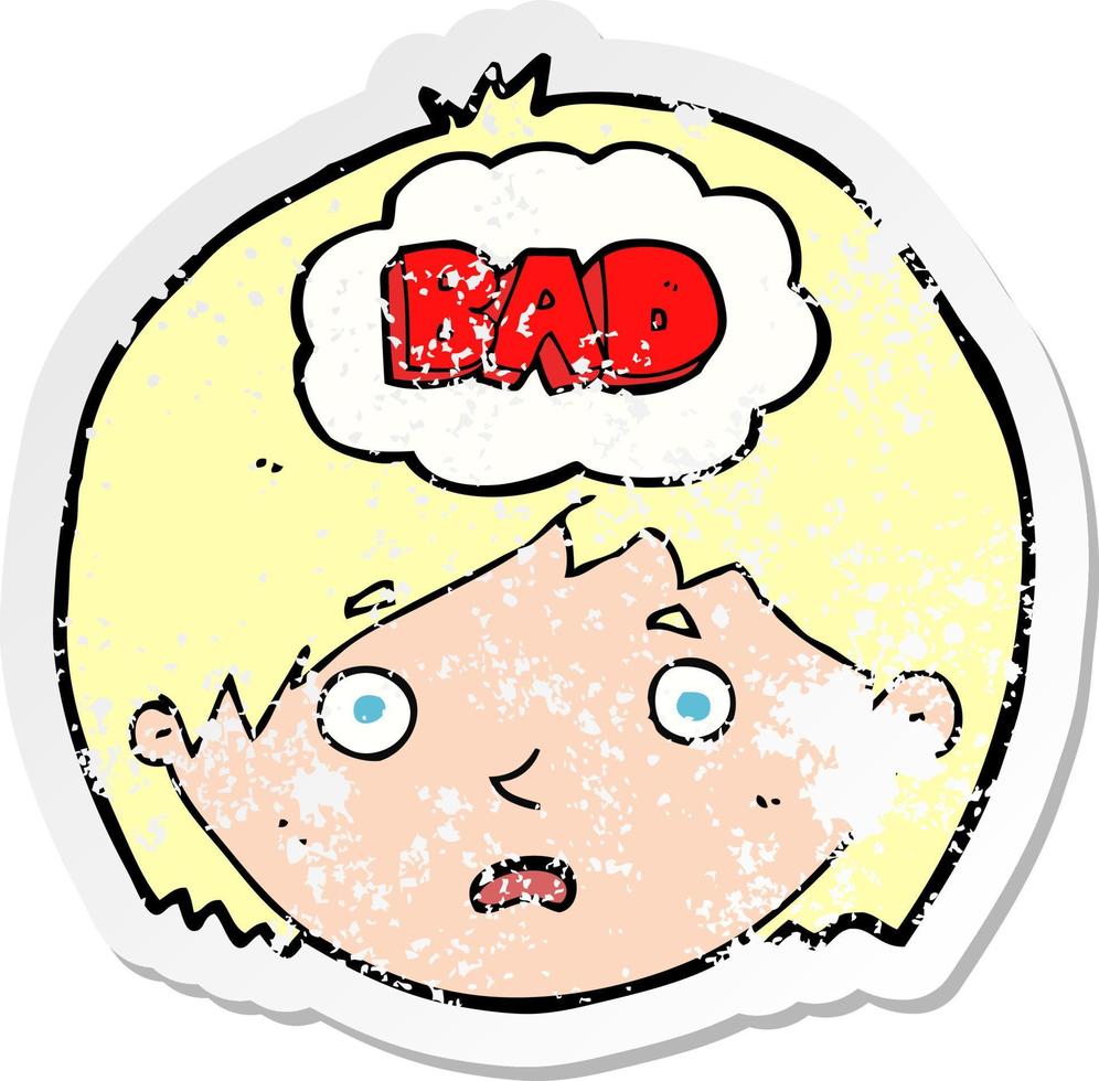 adesivo retrô angustiado de um menino de desenho animado tendo maus pensamentos vetor