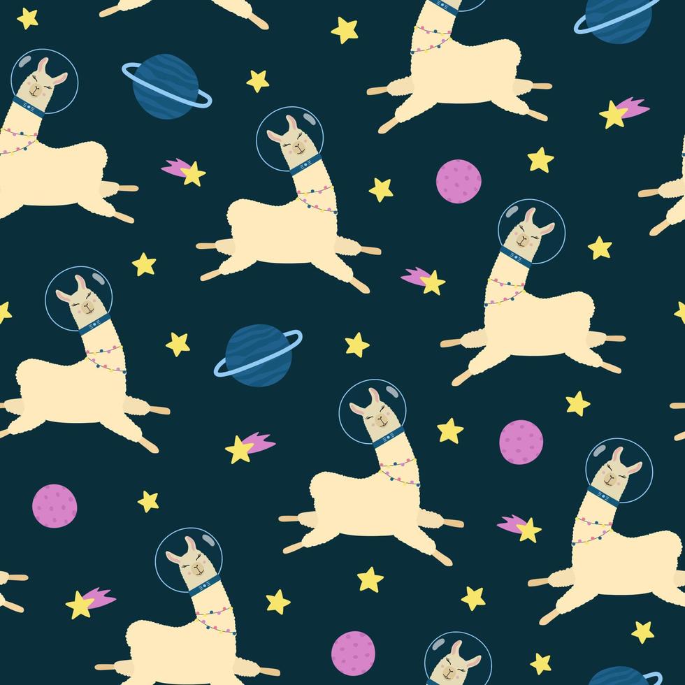 lhama bonito no padrão sem emenda do espaço. alpaca dos desenhos animados em traje de astronauta, estrelas e planetas em fundo azul escuro. vetor