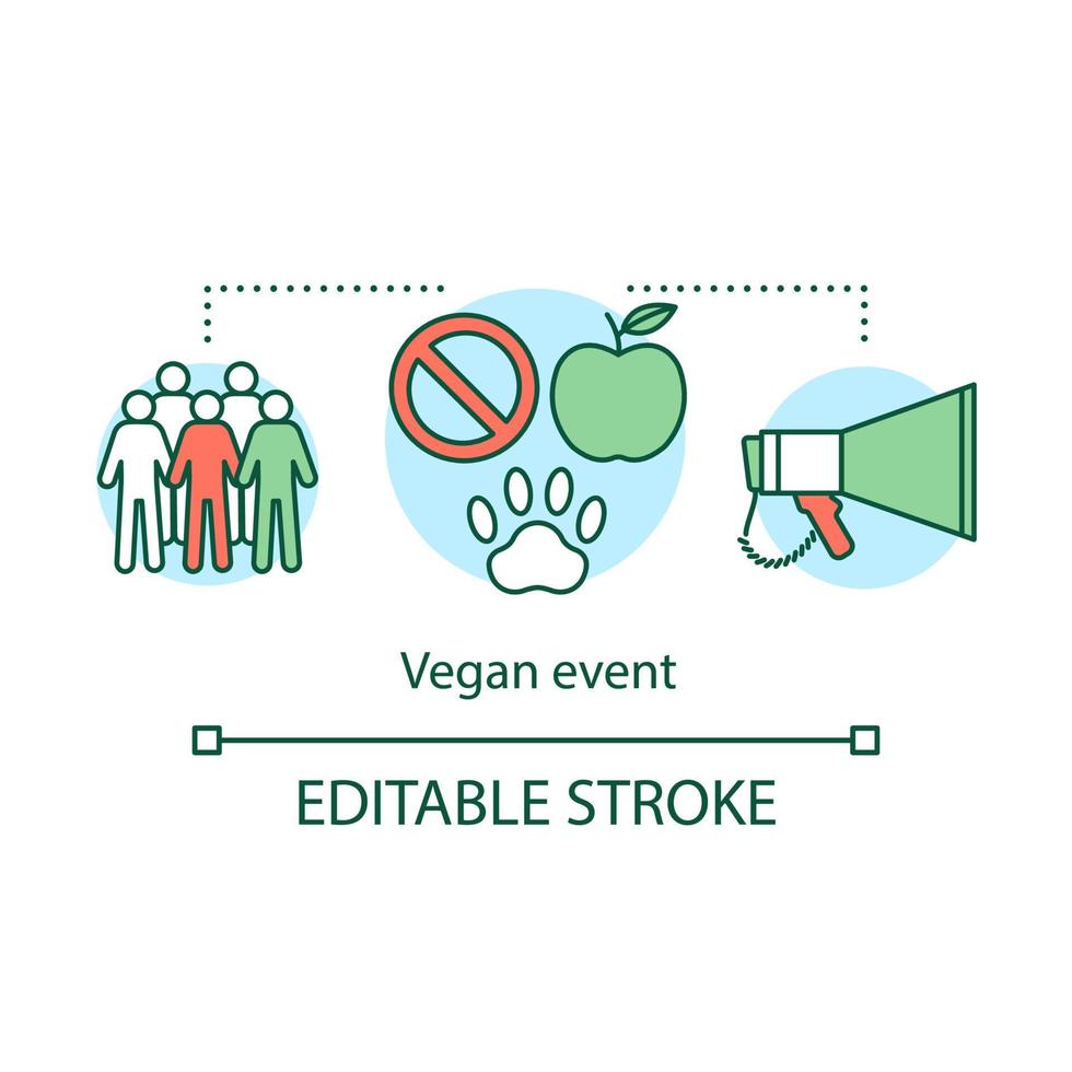 ícone do conceito de evento vegano. ilustração de linha fina de ideia de estilo de vida vegetariano. atividade social, protesto, proteção animal. grupo ativista e desenho de contorno isolado de vetor de megafone. traço editável