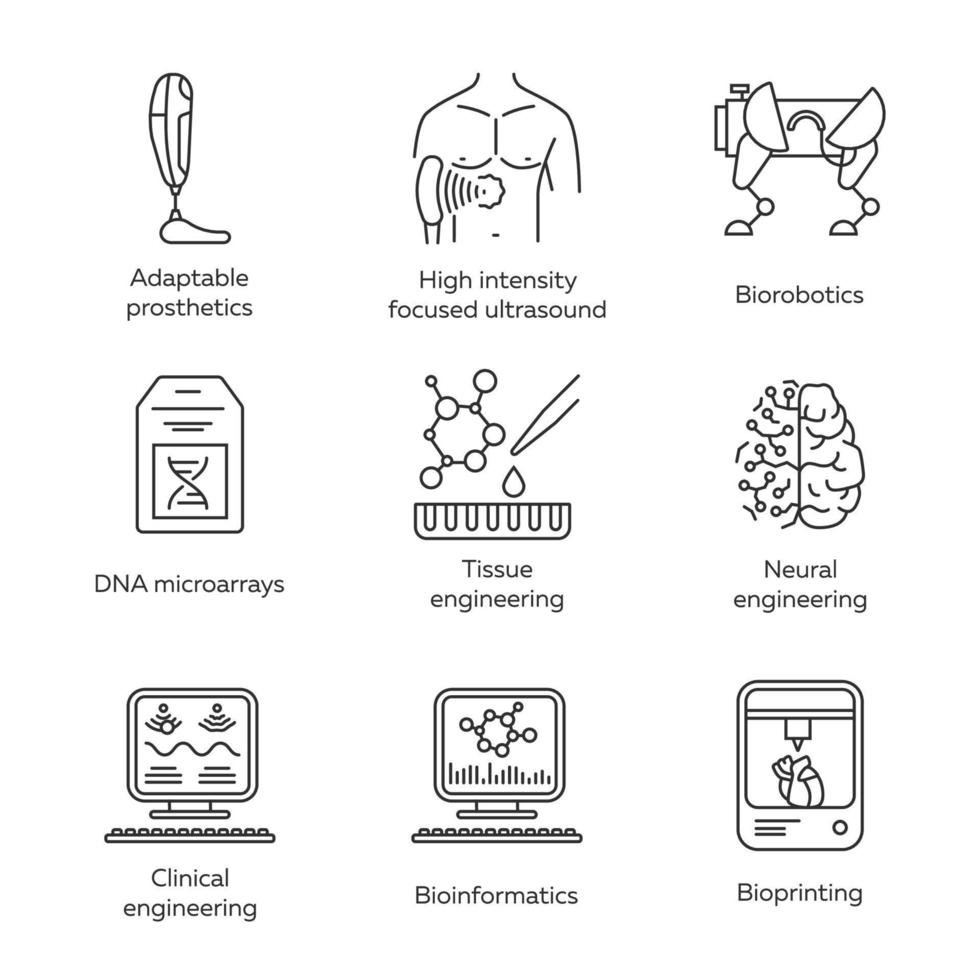 conjunto de ícones lineares de bioengenharia. biotecnologia. biologia molecular, biomédica, engenharia molecular, bioinformática. símbolos de contorno de linha fina. ilustrações de contorno de vetor isolado. traço editável