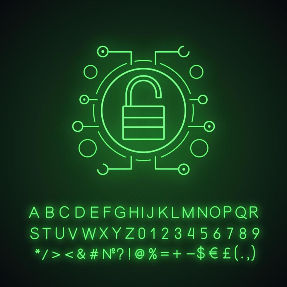 ícone de luz neon de segurança cibernética. acesso concedido. cadeado aberto em caminhos de microchip. sinal brilhante com alfabeto, números e símbolos. ilustração vetorial isolada vetor