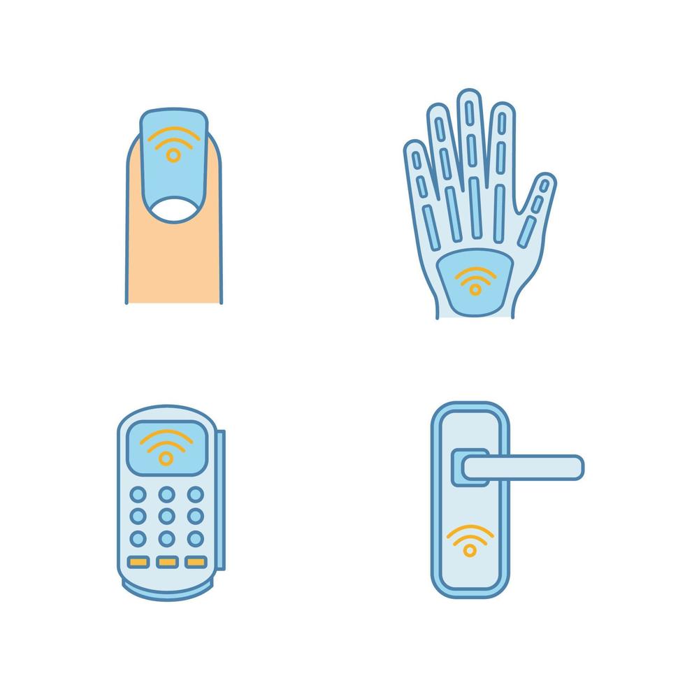 Conjunto de ícones de cores de tecnologia nfc. manicure de campo próximo, implante de mão, terminal pos, fechadura da porta. ilustrações vetoriais isoladas vetor