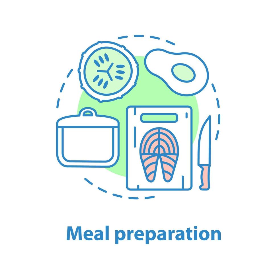 ícone do conceito de preparação de alimentos. ilustração de linha fina de ideia de receita de peixe. cozinhando. abacate, pepino, peixe. desenho de contorno isolado de vetor