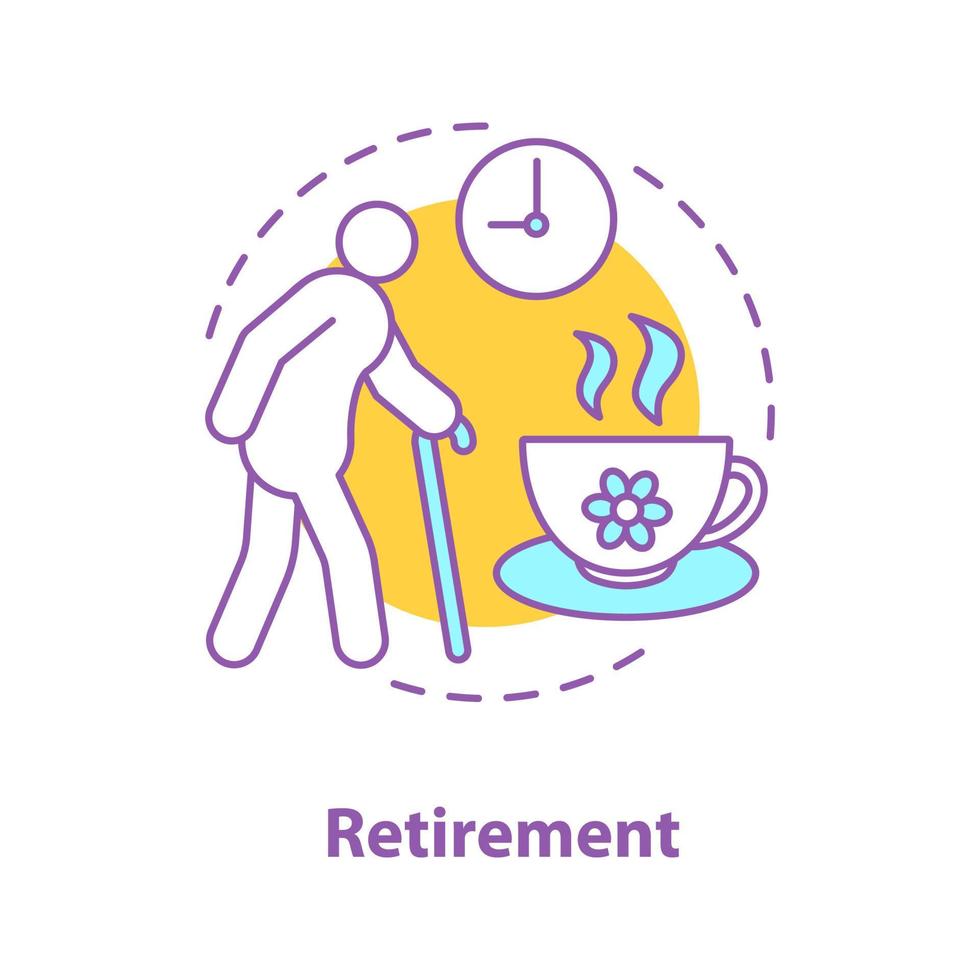 ícone do conceito de aposentadoria. senilidade idéia ilustração de linha fina. idoso. velhinha, xícara de chá e relógio. desenho de contorno isolado de vetor