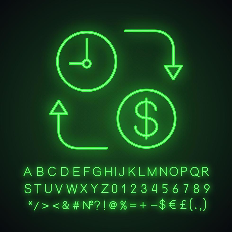 tempo é dinheiro ícone de luz neon. relógio com cifrão. depósito. conversão de tempo para dinheiro. sinal brilhante com alfabeto, números e símbolos. ilustração vetorial isolada vetor