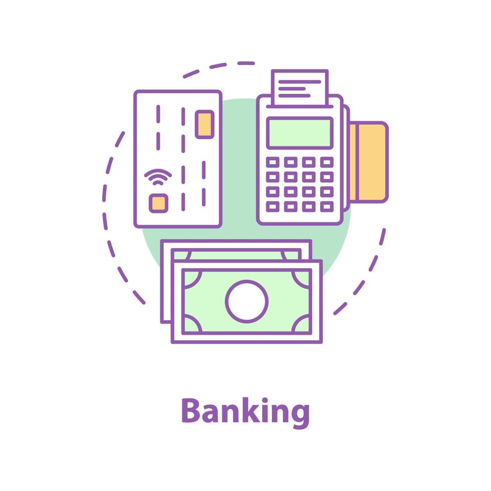 ícone do conceito bancário. ilustração de linha fina de idéia de gestão de finanças. transação de dinheiro. pagamentos sem dinheiro. desenho de contorno isolado de vetor