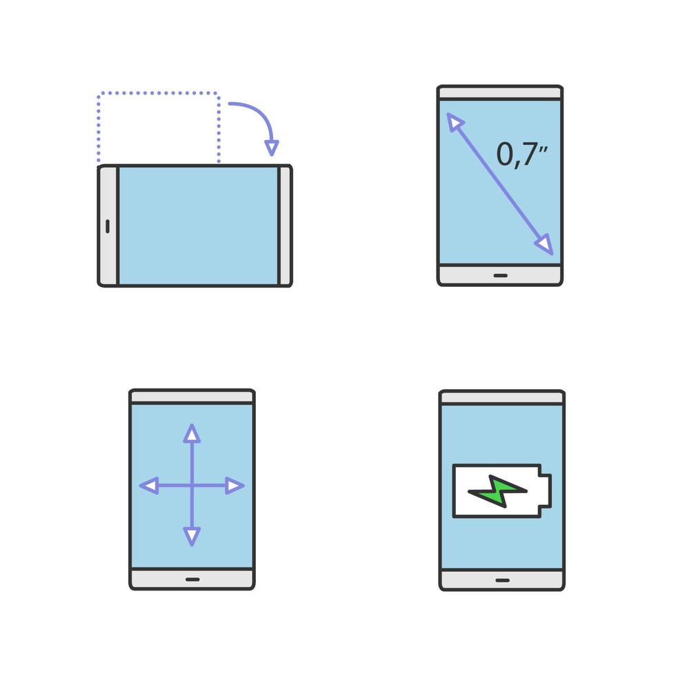 conjunto de ícones de cor do smartphone. tamanho da tela em polegadas, rotação e redimensionamento da tela, carregamento da bateria. ilustrações vetoriais isoladas vetor