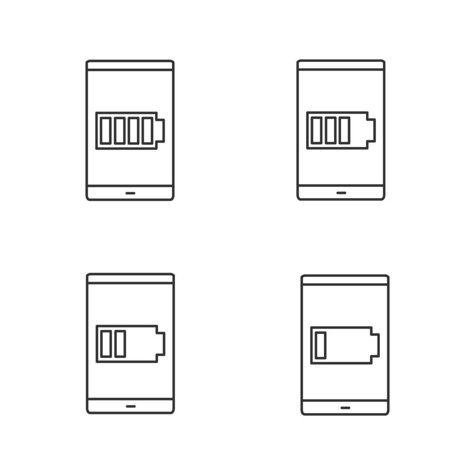 conjunto de ícones lineares de carregamento da bateria do smartphone. símbolos de contorno de linha fina. ilustrações de contorno de vetor isolado