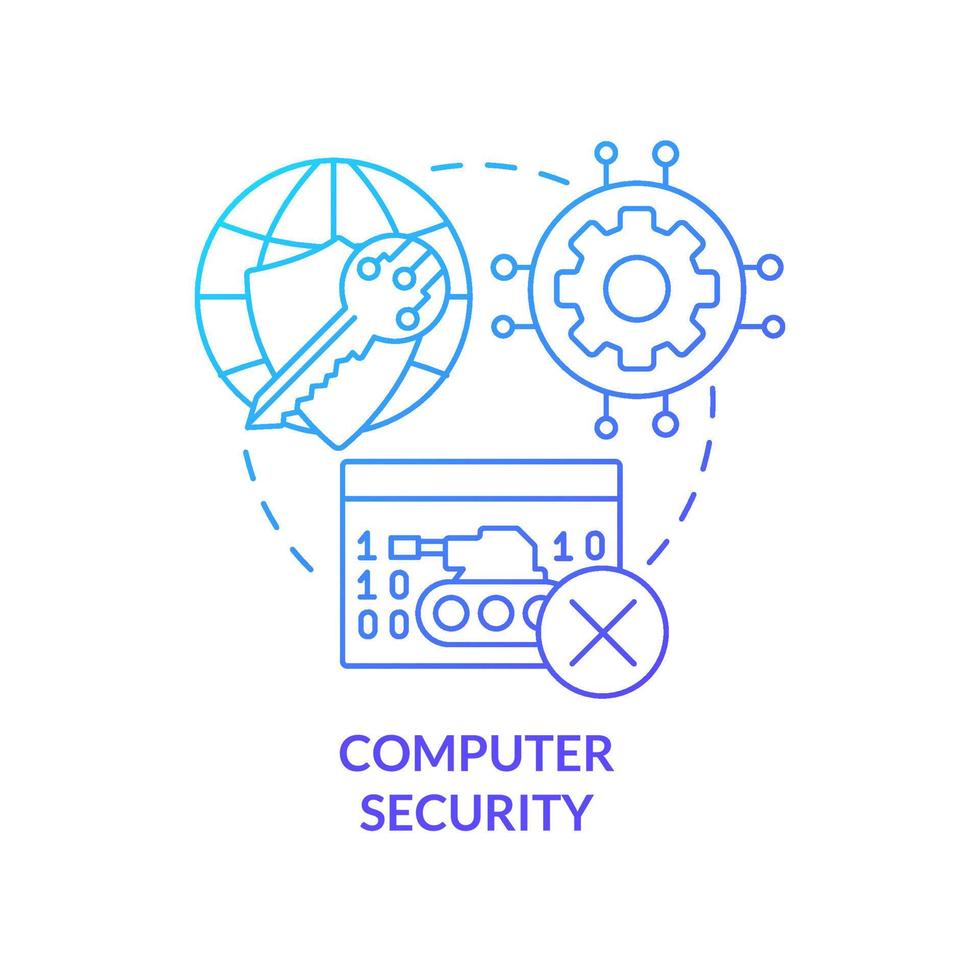 ícone de conceito gradiente azul de segurança do computador. prevenção de ataques. dimensões da ilustração de linha fina de ideia abstrata de segurança nacional. desenho de contorno isolado. vetor