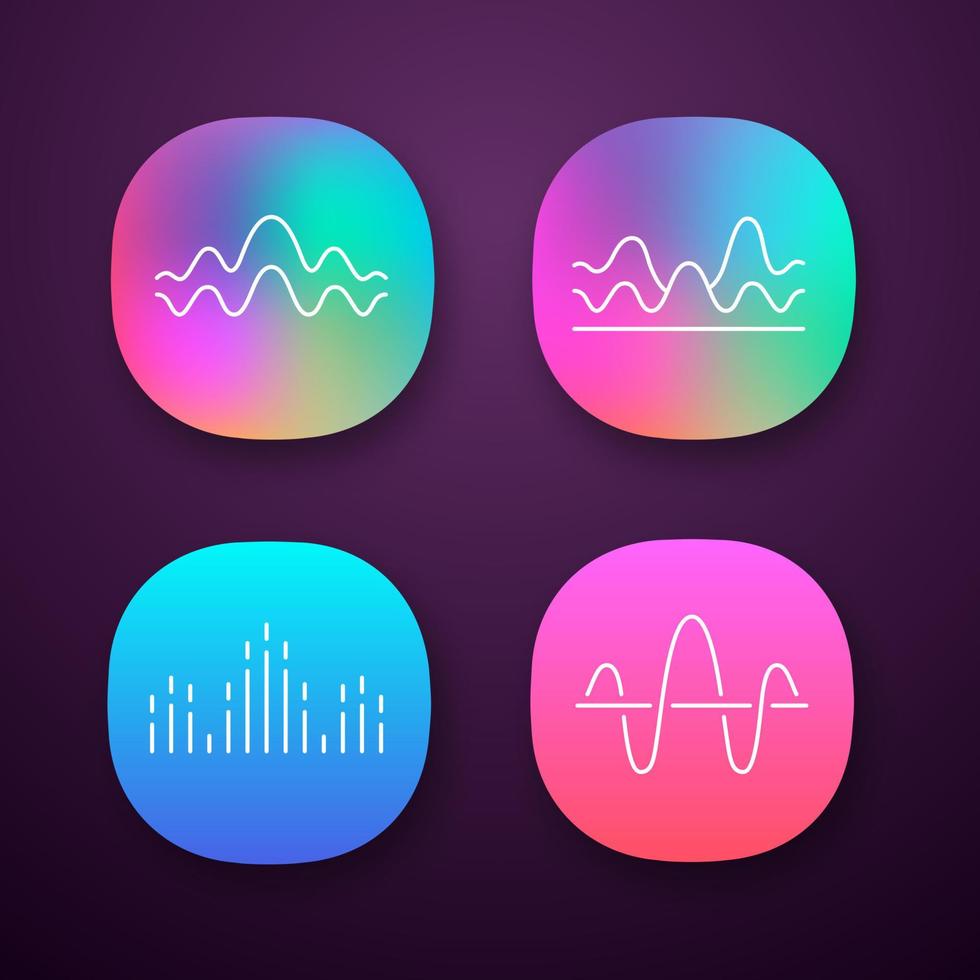 conjunto de ícones de aplicativos de ondas sonoras. ruído, frequência de vibração. linhas onduladas de nível de volume. ondas musicais. ondas sonoras de curva digital. interface de usuário ui ux. web ou aplicativos móveis. ilustrações vetoriais isoladas vetor