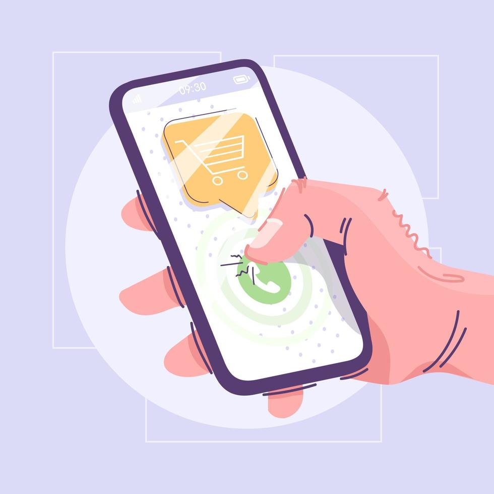 compras on-line, compre ilustração vetorial plana. serviço de varejo na internet, conceito de desenho animado de compras. ideia de comércio moderno. mão do cliente segurando o smartphone com o ícone de carrinho. tecnologia móvel vetor
