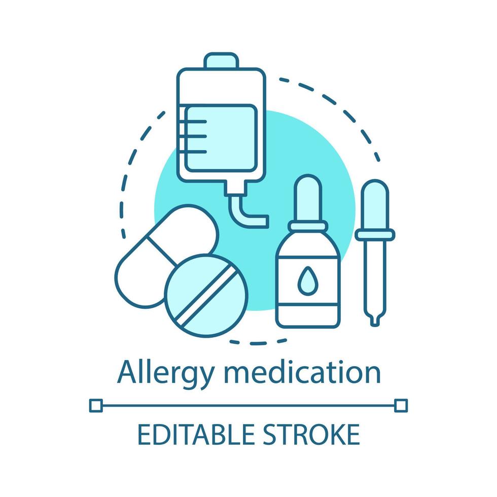 ícone de conceito de medicação de alergia. ilustração de linha fina de idéia de uso de drogas anti-histamínico. aliviando os sintomas da alergia. tratamento com pílulas e gotas. desenho de contorno isolado de vetor. traço editável vetor