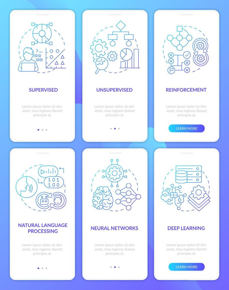 conjunto de tela de aplicativo móvel de integração de gradiente azul do sistema de inteligência artificial. passo a passo 3 passos de páginas gráficas com conceitos lineares. ui, ux, modelo de gui. vetor