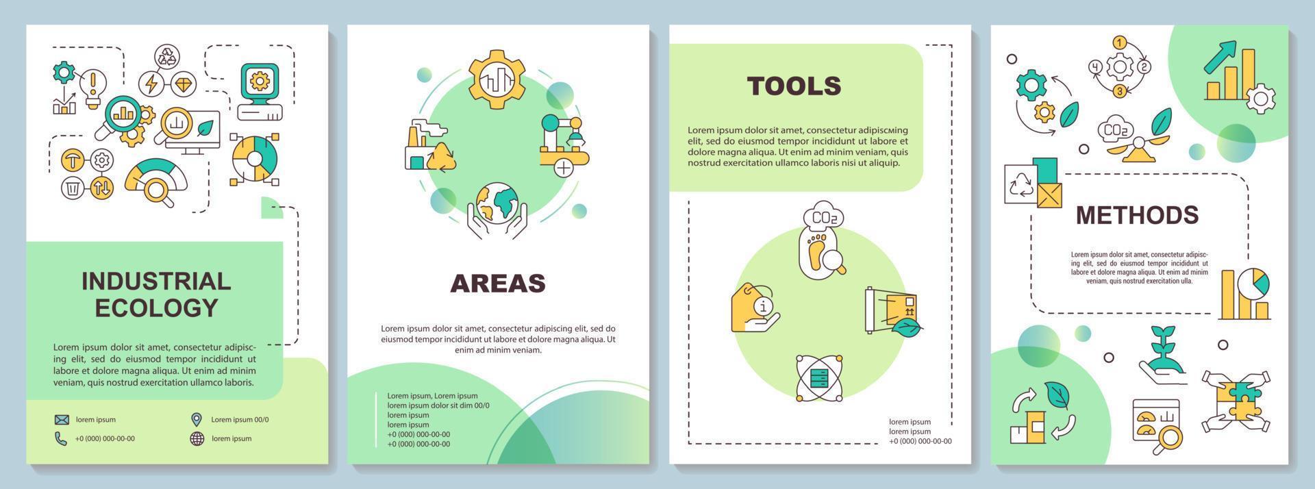 modelo de folheto verde de abordagem de ecologia industrial. trabalho responsivo. design de folheto com ícones lineares. 4 layouts vetoriais para apresentação, relatórios anuais. vetor