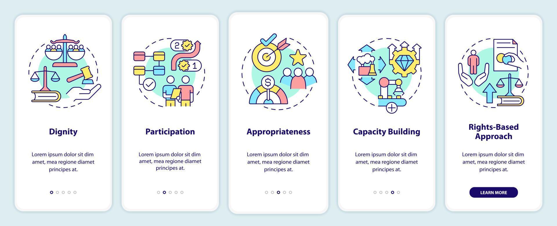 conceitos de tela de aplicativo móvel de integração de cooperação internacional. passo a passo 5 passos páginas de instruções gráficas com conceitos lineares. ui, ux, modelo de gui. vetor