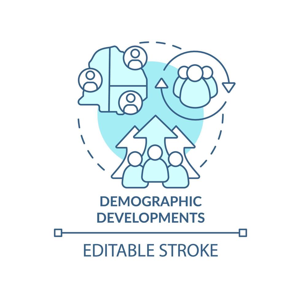 ícone de conceito turquesa de desenvolvimentos demográficos. mudança populacional. ilustração de linha fina de idéia abstrata de planejamento social. desenho de contorno isolado. traço editável. vetor