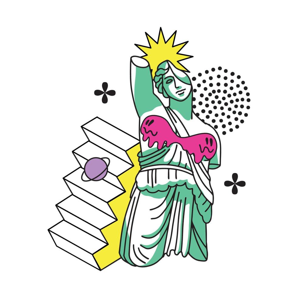 silhueta da escultura trippi grega com elementos abstratos surreais e antigos. ilustração vetorial de contorno com manchas de cor. emoticons psicodélicos no estilo da década de 1990. vetor