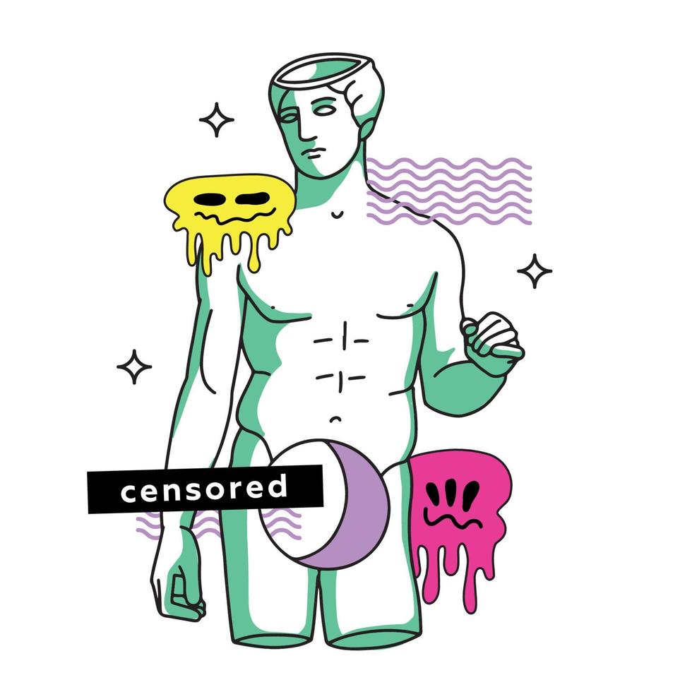 colagem surreal psicodélica com uma escultura antiga grega colorida com buraco no estômago e emoji derretido, decoração abstrata. ilustração vetorial dos desenhos animados em estilo trippy psicodélico da moda. vetor