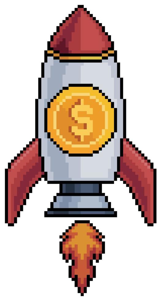 foguete de pixel art com dinheiro e moedas. ícone de vetor de crescimento de negócios para jogo de 8 bits em fundo branco