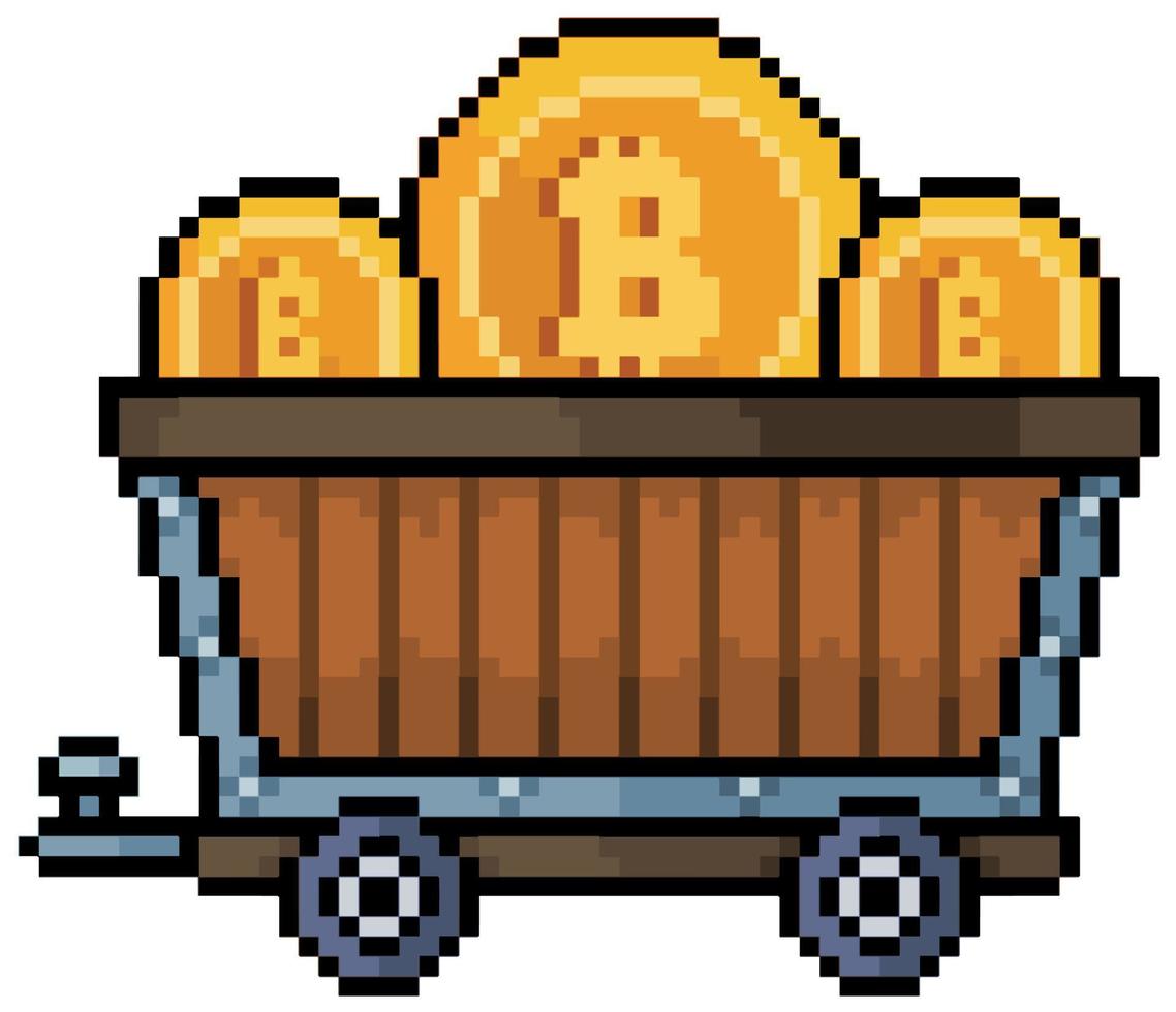 carrinho de minério de bitcoin de pixel art, ícone de vetor de mineração de criptomoeda para jogo de 8 bits em fundo branco