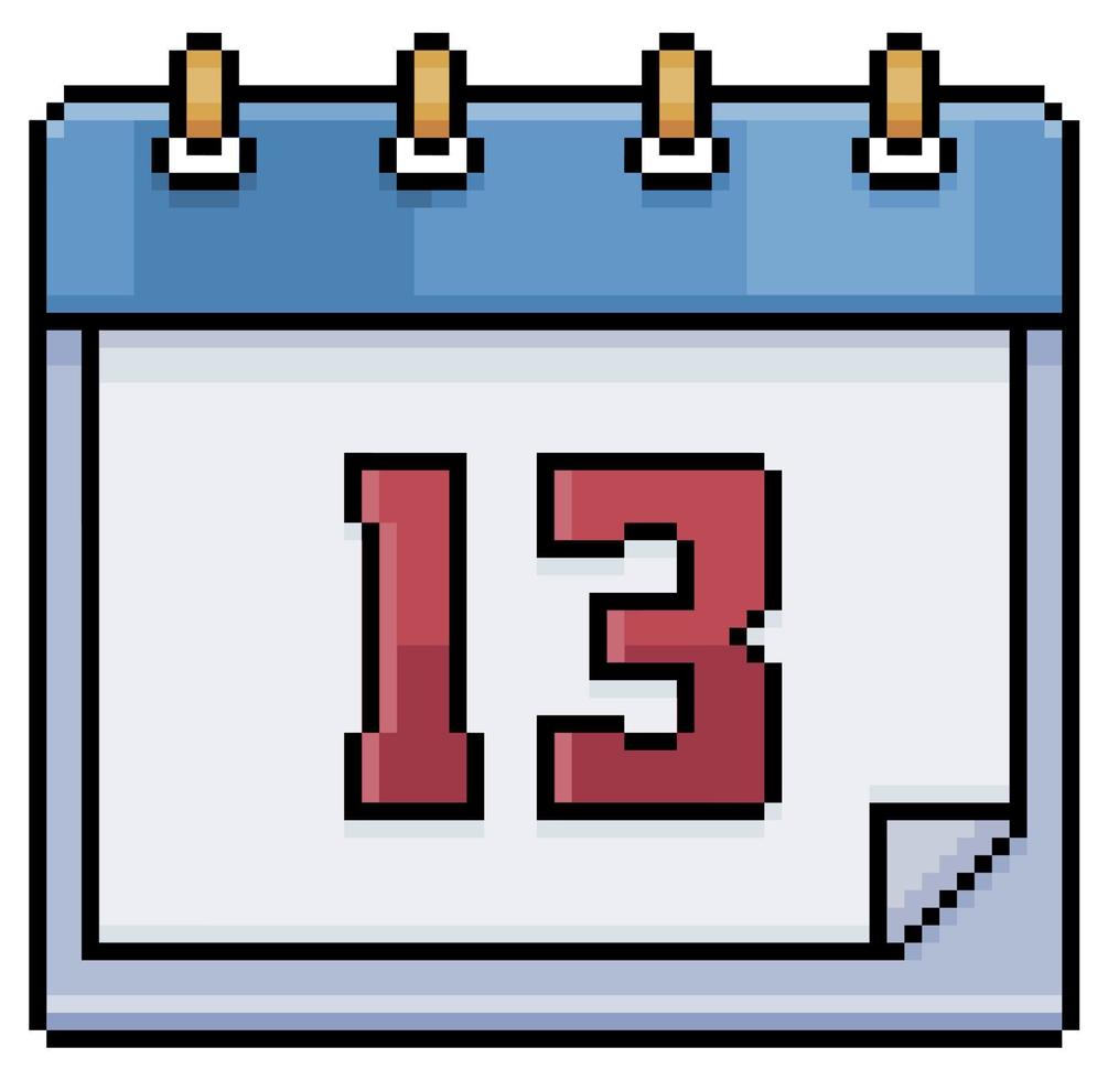 calendário de pixel art com data 13 dia 13 ícone de vetor de feriado dia 13 para jogo de 8 bits em fundo branco