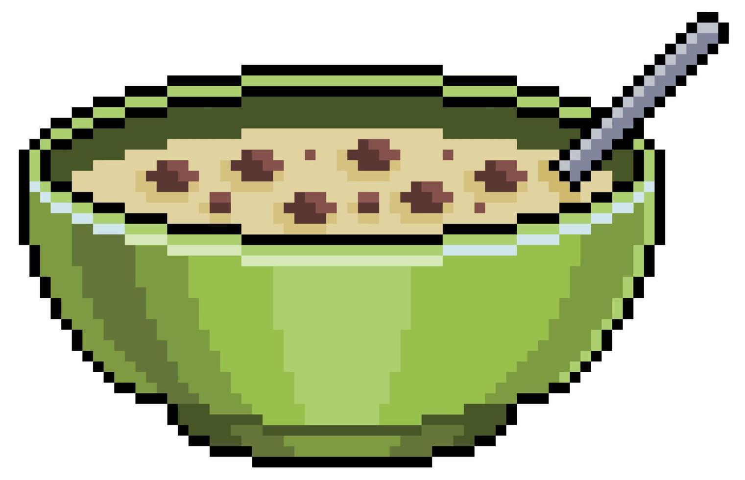 cereal de chocolate pixel art no ícone vetorial de tigela para jogo de 8 bits em fundo branco vetor