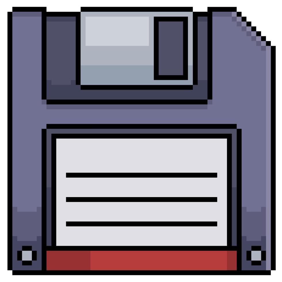 ícone de vetor de disquete pixel art para jogo de 8 bits em fundo branco.