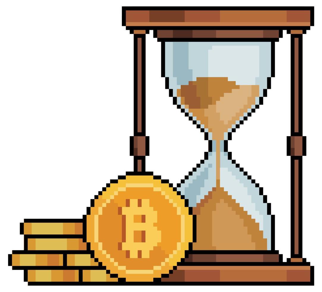 ampulheta de bitcoin de pixel art. ícone de vetor de tempo de investimento criptográfico para jogo de 8 bits em fundo branco