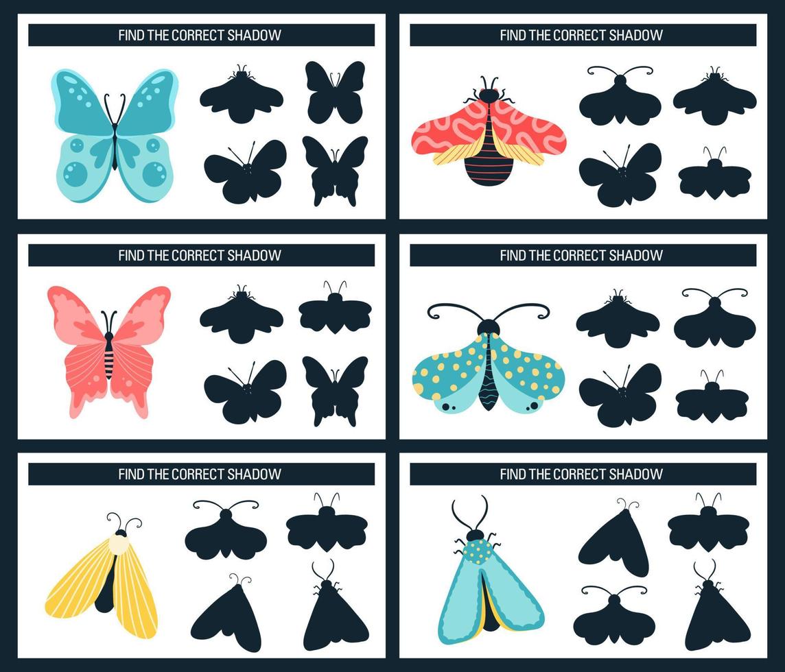 insetos, borboletas, mariposas. encontre a sombra certa, um jogo educativo para crianças. ilustração vetorial estilo cartoon vetor