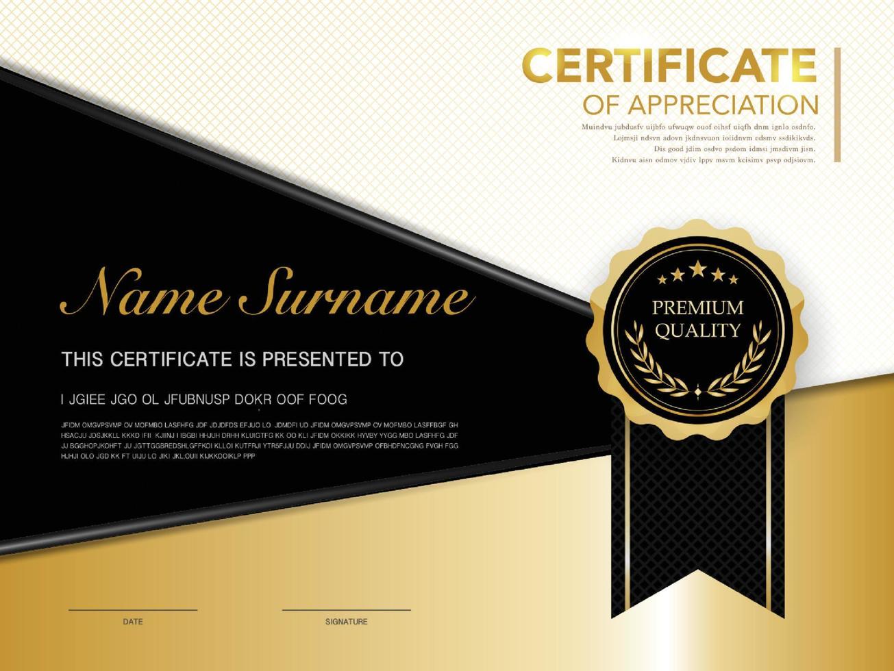 modelo de certificado de diploma cor preta e dourada com luxo e estilo moderno imagem vetorial vetor