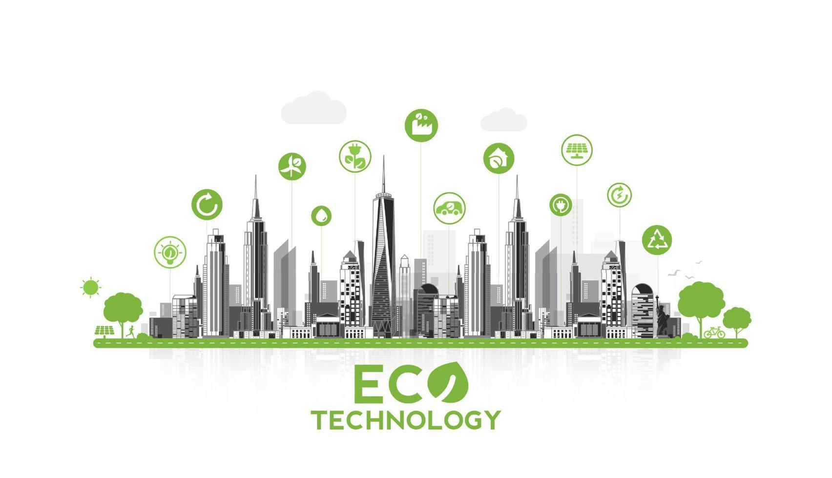 eco tecnologia ou conceito ambiental cidade verde moderna. estilo de vida urbano ecologicamente correto com ícones pela conexão de rede. desenho vetorial vetor