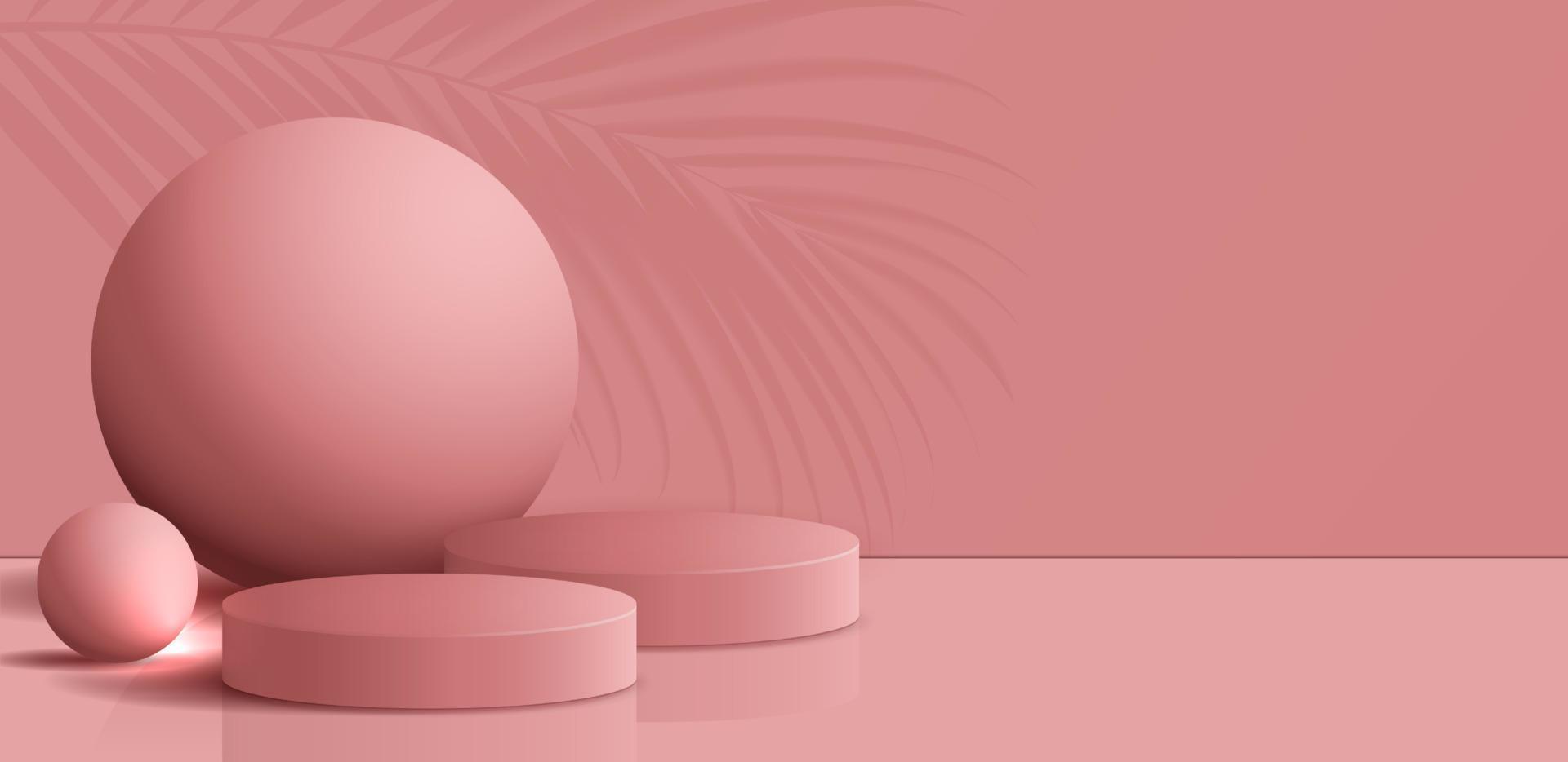 fundo rosa cosmético e exibição de pódio premium para apresentação de marca e apresentação de embalagens. palco de estúdio com sombra de fundo de folha. desenho de ilustração vetorial vetor