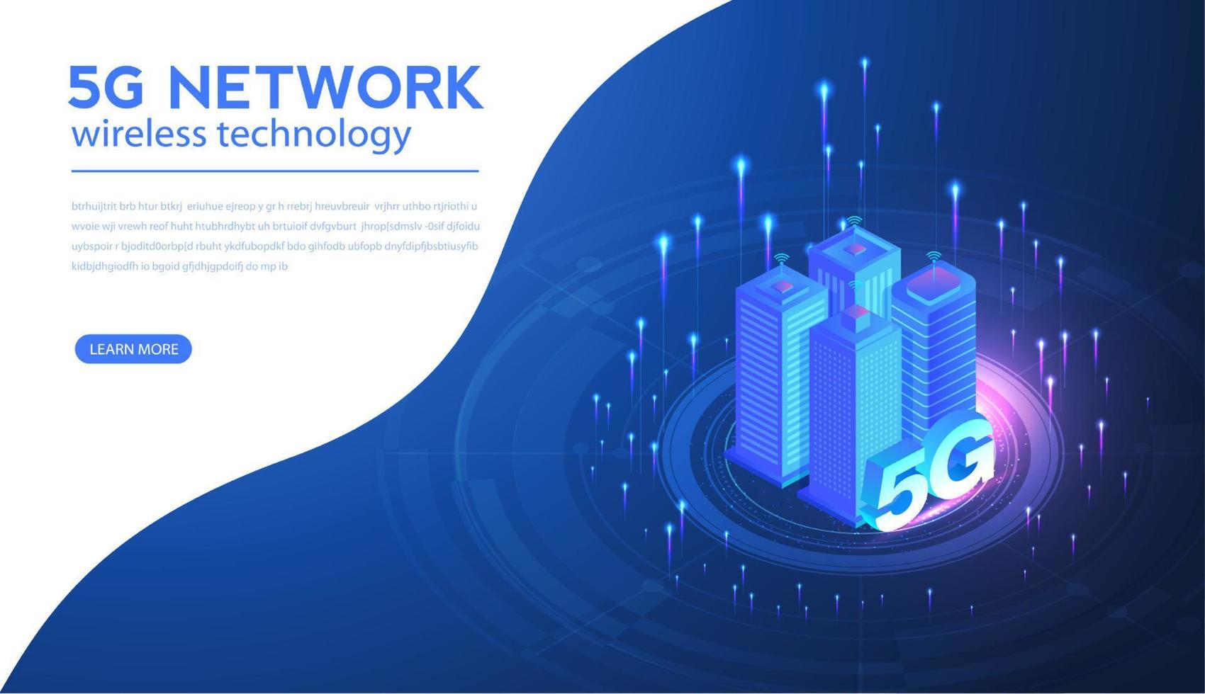 ilustração em vetor tecnologia sem fio de rede 5g. Internet móvel de alta velocidade da próxima geração. usando dispositivos digitais modernos. modelo de design de página da web.