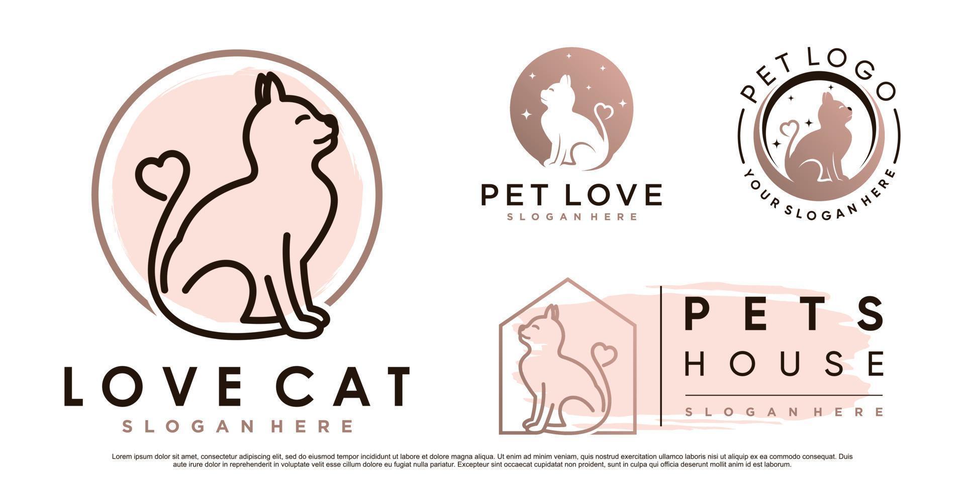 definir coleção de design de logotipo de animais de gato com elemento de amor e vetor premium de conceito criativo