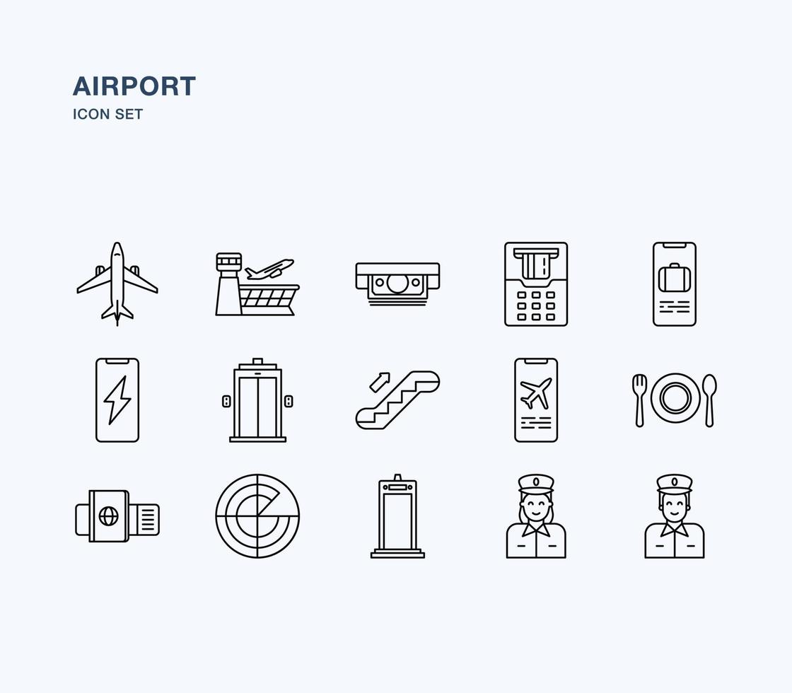 conjunto de ícones de contorno de aeroporto e aviação vetor