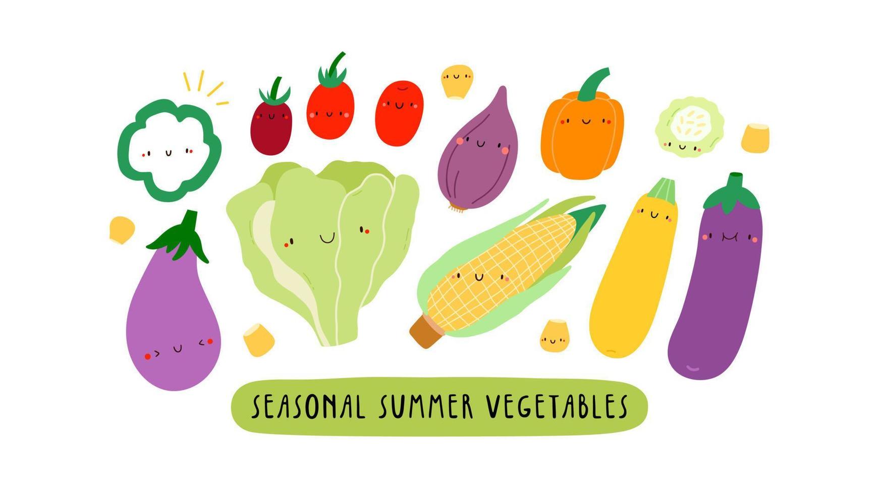 ilustração super fofa - legumes sazonais de verão. coleção desenhada à mão de diferentes vegetais com carinhas. conjunto de caracteres de comida saudável vetor