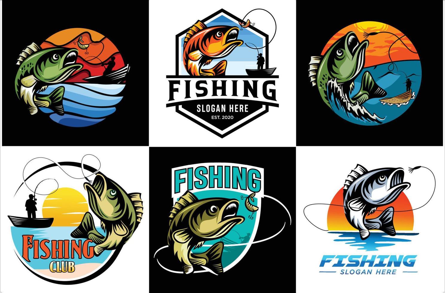 conjunto de emblema de emblema de símbolo de logotipo de pesca e elemento de design ilustração stock vetor