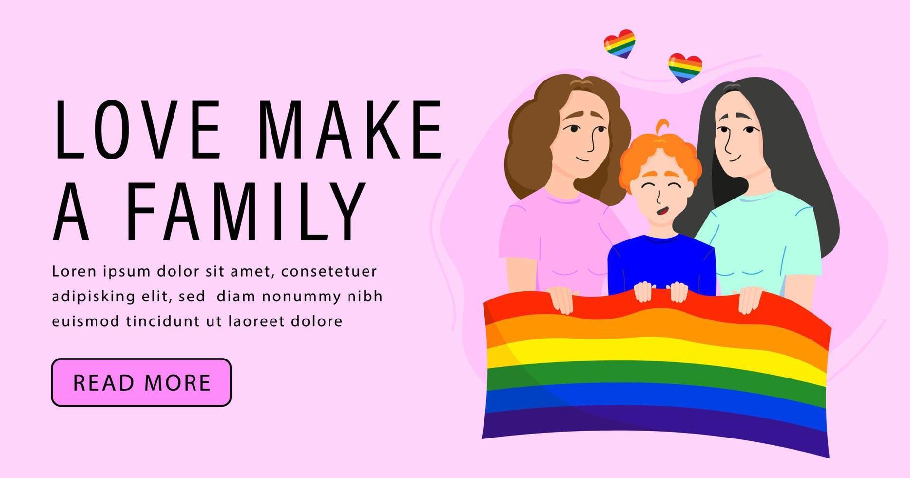 família lésbica no fundo da bandeira lgbt. ilustração vetorial em um estilo simples. modelo de banner lgbt em fundo rosa. vetor