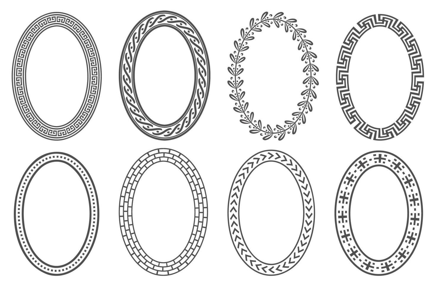 conjunto de moldura oval chave grega. bordas do círculo com ornamentos meandros. desenhos antigos de elipse. vetor