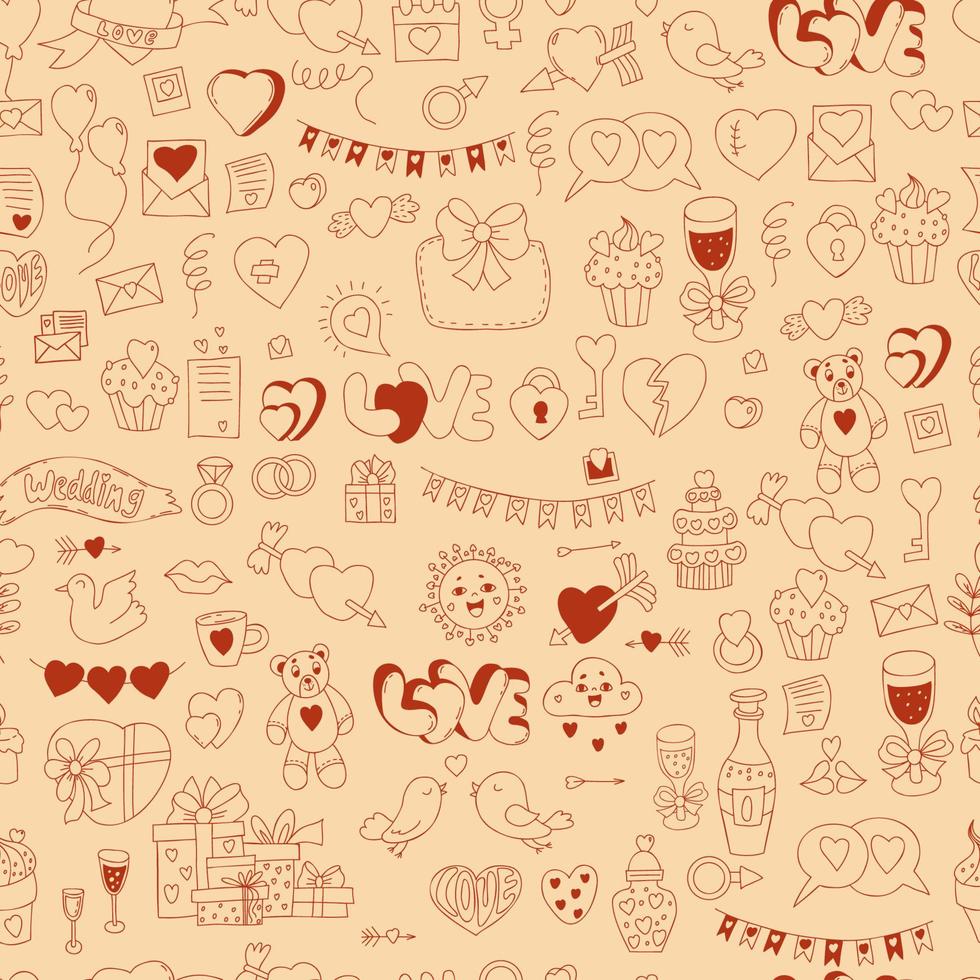 padrão de casamento sem costura em estilo doodle linear. alianças de casamento, carta de amor, amor, coração, guirlandas e presentes, casal de pássaros sobre fundo claro. ilustração vetorial para design, decoração, papel de parede. vetor