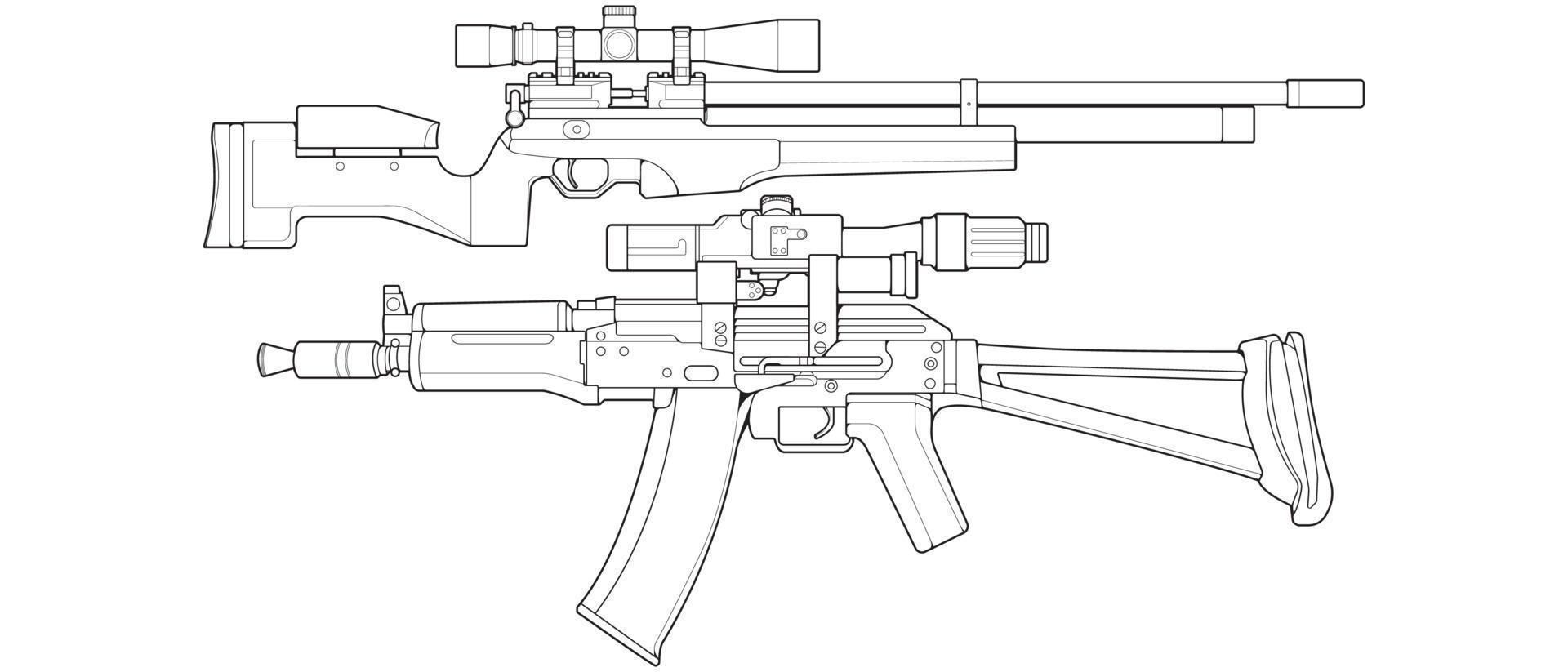 conjunto de estilo de arte de linha de armas de fogo, arma de tiro, ilustração de arma, linha vetorial, ilustração de arma, arma moderna, conceito militar, arte de linha de pistola para treinamento vetor